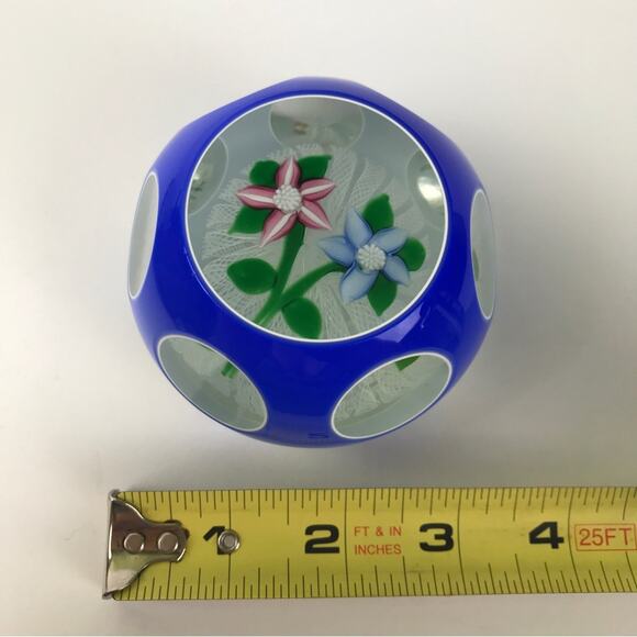 John Deacons Double Overlay Two Flower Lampwork Latticinio Faceted Paperweight - Picture 10 of 15